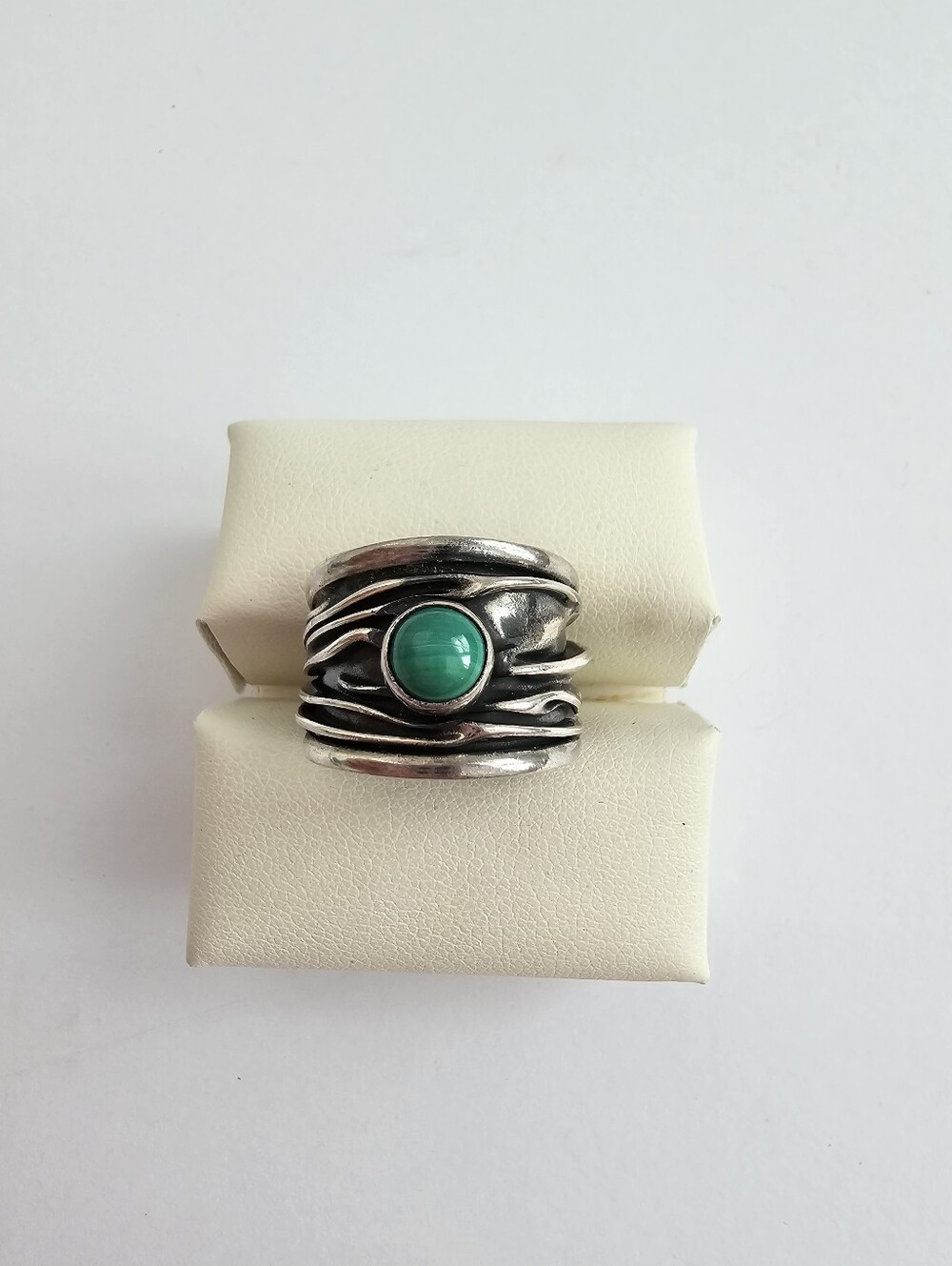Taxco Mexico 925 Sterling Silver Malachite Wide Ribbon Wave Band Ring Sz 7